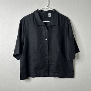 Lino by Chico’s Linen Button Up Shirt Black Short Sleeve Size 1 Medium